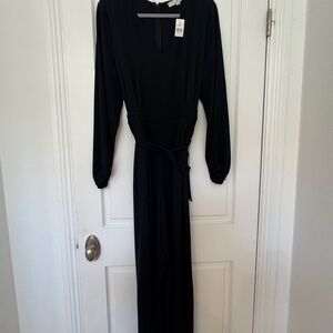 LOFT Black Long-Sleeve Wrap Maxi Dress with Waist Tie